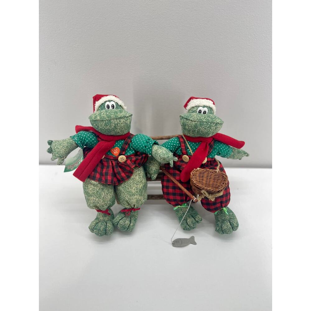 Vintage Sterling Christmas Frog Sitters with Wooden Stick Bench